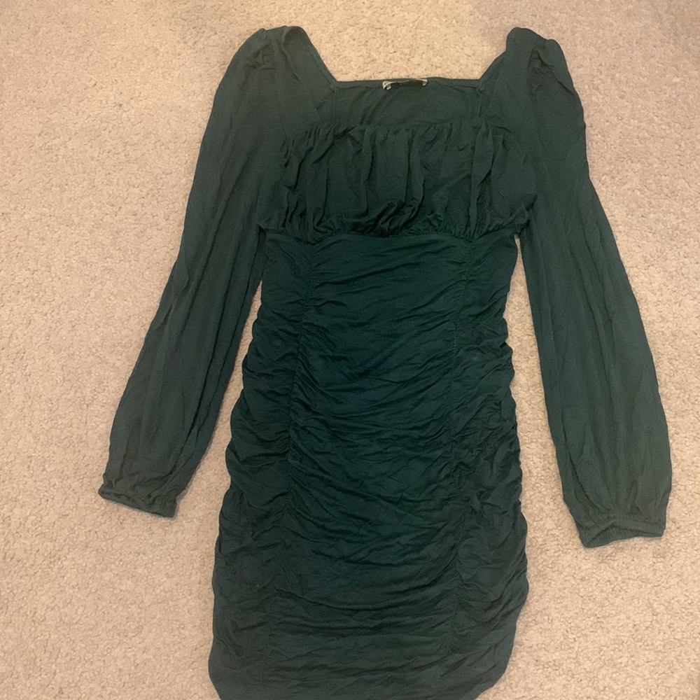 Dark Green Long Sleeve Bodycon Ruffle Dress